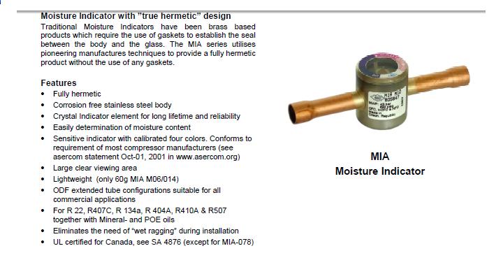 Moisture indicators, Sight glasses